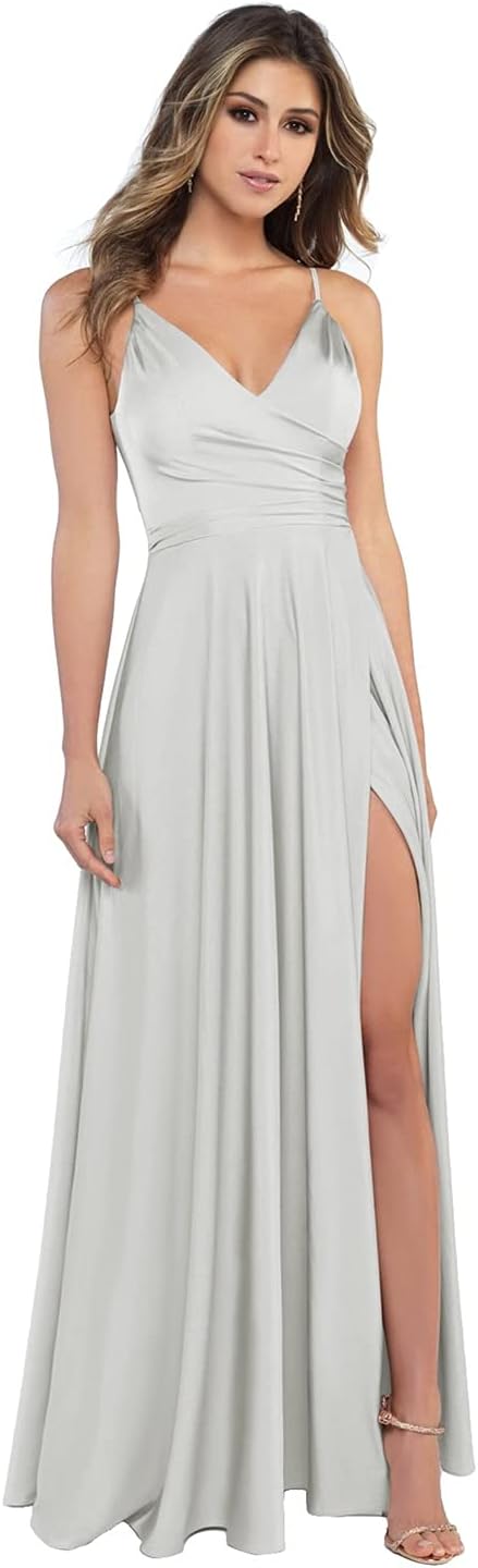 Damen-Brautjungfernkleider aus Satin mit V-Ausschnitt und Schlitz, Spaghettiträgern, formelle Ballkleider mit Taschen 