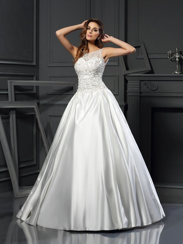Ballkleid Scoop Applique Ärmellos Lange Satin Brautkleider Brautkleider