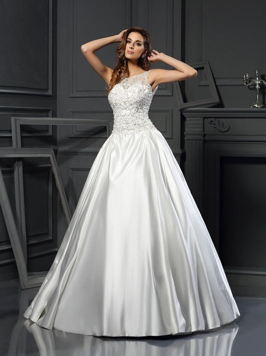 Ballkleid Scoop Applique Ärmellos Lange Satin Brautkleider Brautkleider