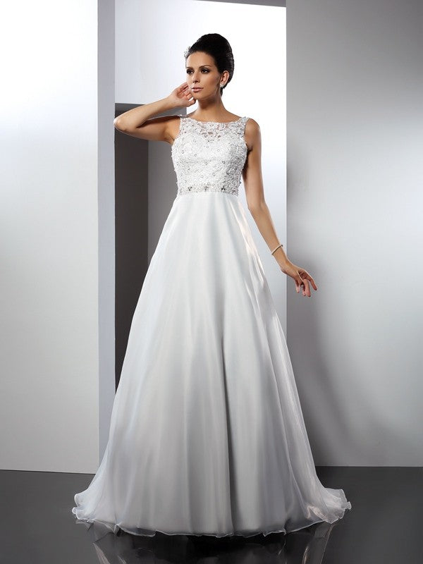 A-Linie/Princess-Linie U-Ausschnitt Rüschen Ärmellos Lange Satin Brautkleider