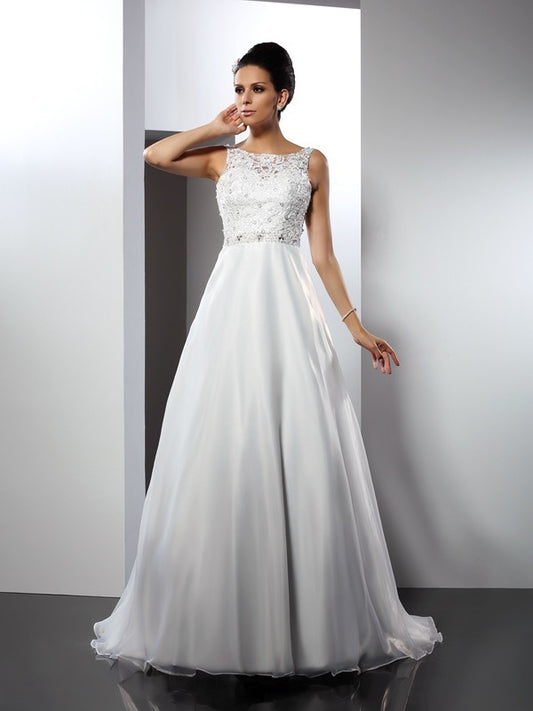 A-Linie/Princess-Linie U-Ausschnitt Rüschen Ärmellos Lange Satin Brautkleider