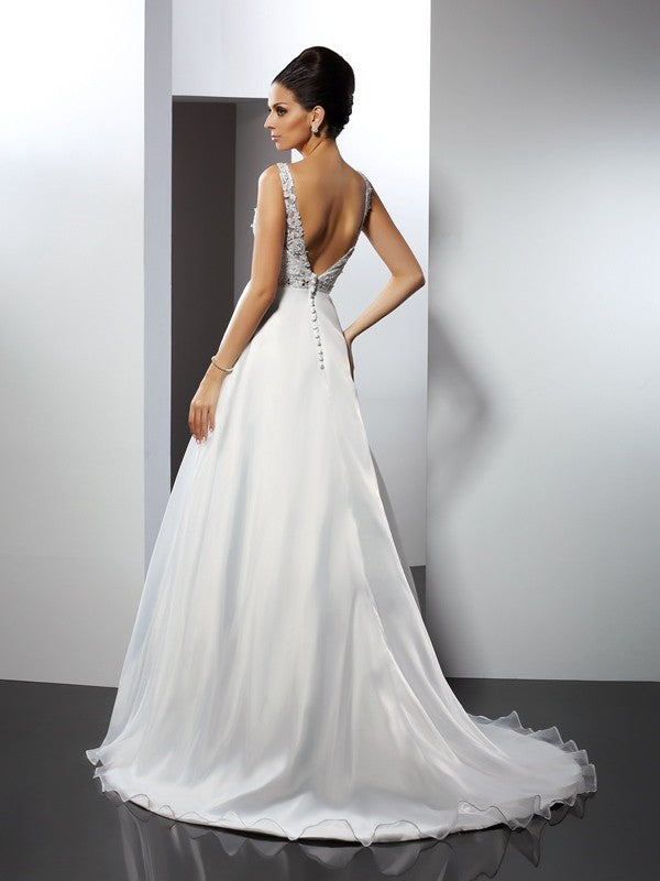 A-Linie/Princess-Linie U-Ausschnitt Rüschen Ärmellos Lange Satin Brautkleider