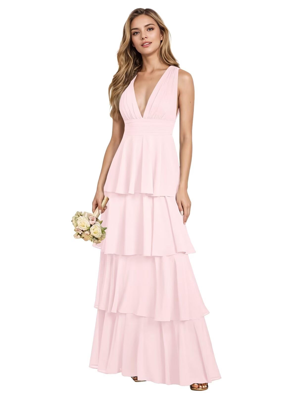V Neck Chiffon Bridesmaid Dresses for Women 2027 Long Tiered A-Line Ruffles Formal Evening Party Dress