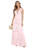 V Neck Chiffon Bridesmaid Dresses for Women 2027 Long Tiered A-Line Ruffles Formal Evening Party Dress
