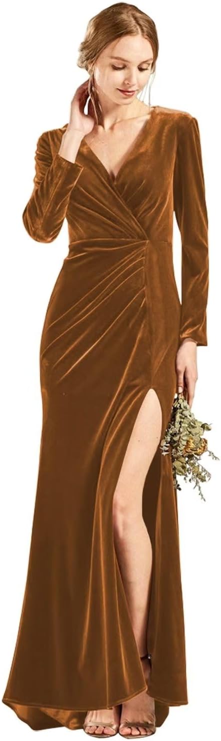 Langärmliges Brautjungfernkleid aus Samt mit Schlitz, V-Ausschnitt, Meerjungfrau-Stil, formelles Kleid für Damen