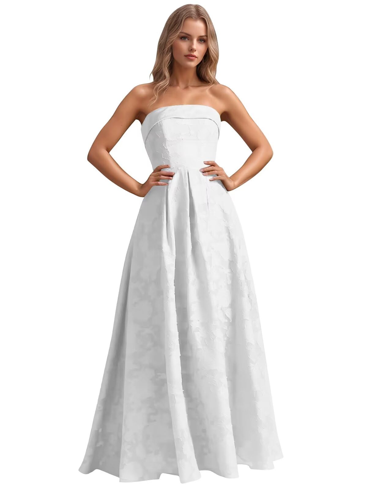Jacquard Floral Prom Dresses Strapless Maxi Evening Gowns A-Line Ruched Formal Party Dress Elegant