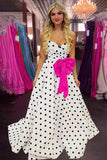 Fuchsia Sweetheart A Line Polka Dots Satin Long Prom Dresses With Bow