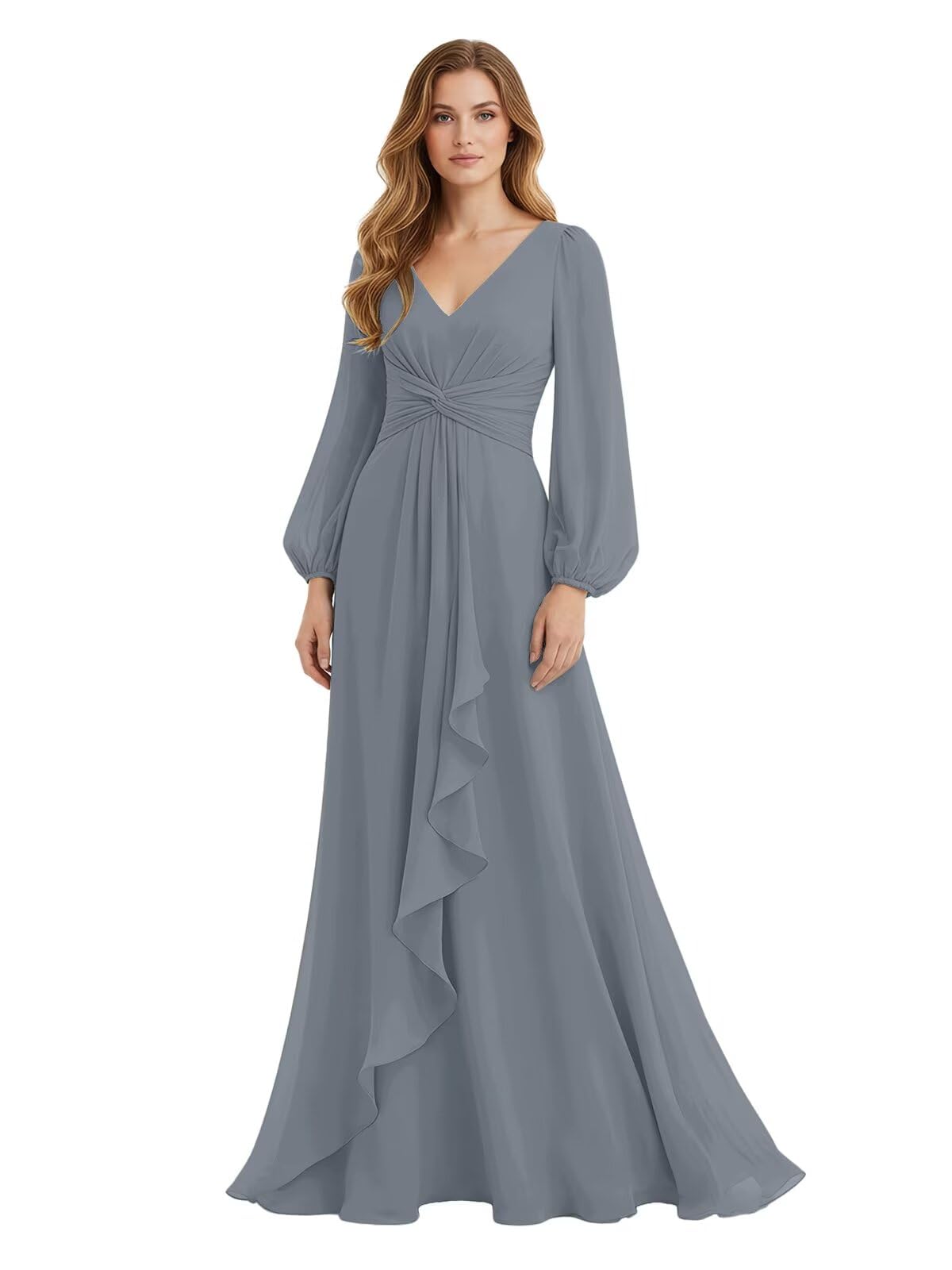 Women's Chiffon Bridesmaid Dresses Long Sleeve Ruffles V-Neck Pleated Formal Wedding Guest Dresses Mother of the bride Dress