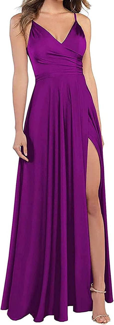 Lange Brautjungfernkleider für Frauen, formelle Satin-Spaghettiträger, Abschlussball- und Abendkleider 