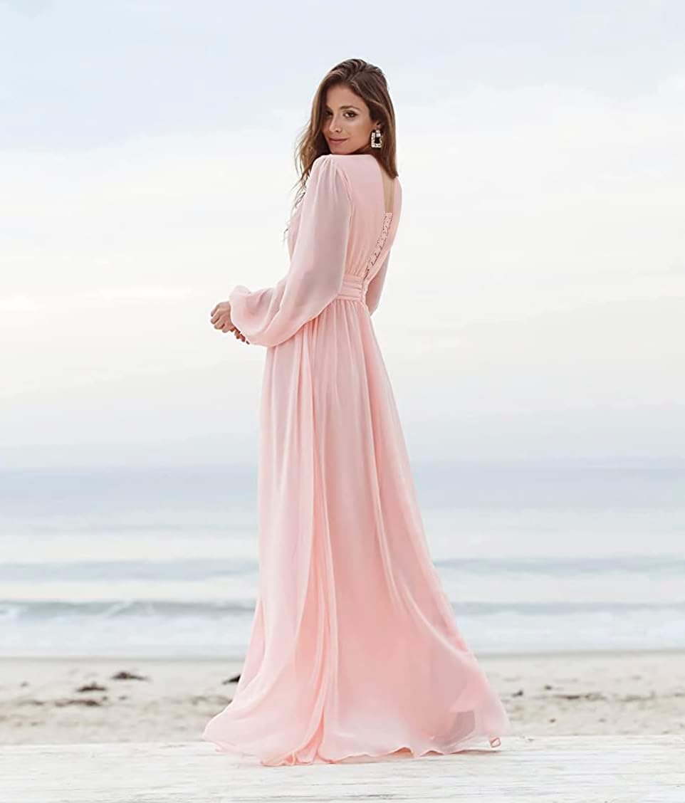 Women's Long Sleeve Bridesmaid Dresses with Slit V Neck A Line Chiffon Formal Evening Gowns with Pockets Mother of the Bride Gowns