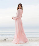 Women's Long Sleeve Bridesmaid Dresses with Slit V Neck A Line Chiffon Formal Evening Gowns with Pockets Mother of the Bride Gowns