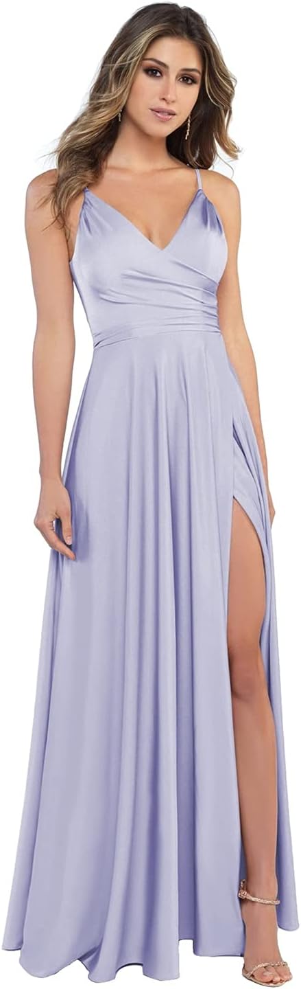 Damen-Brautjungfernkleider aus Satin mit V-Ausschnitt und Schlitz, Spaghettiträgern, formelle Ballkleider mit Taschen 