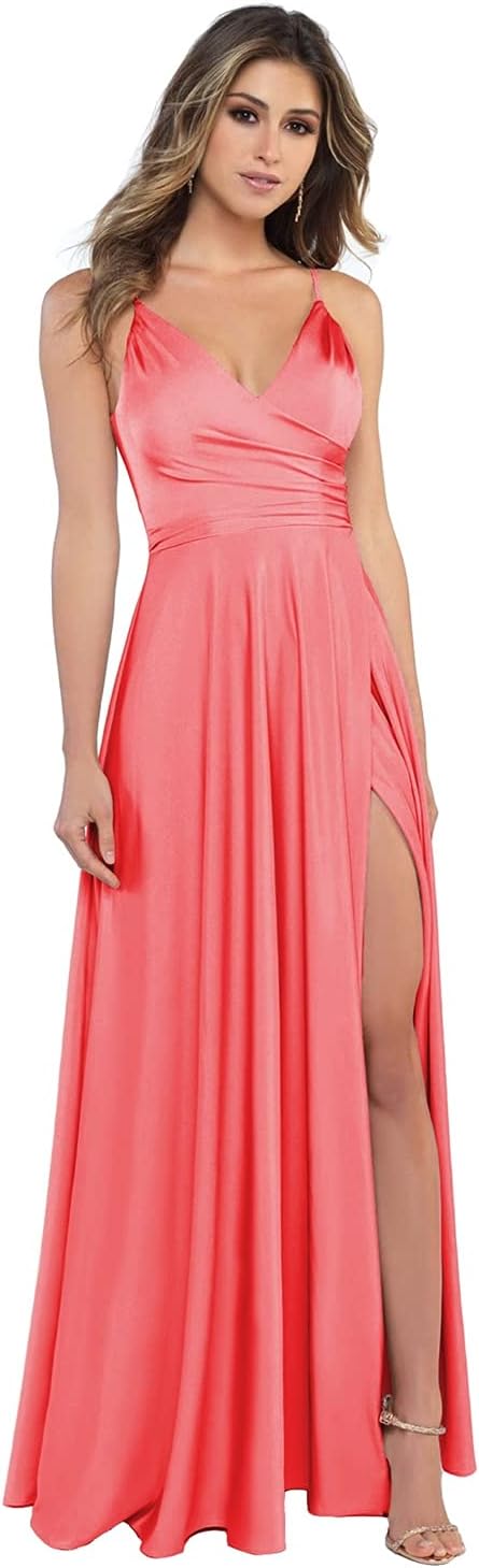 Damen-Brautjungfernkleider aus Satin mit V-Ausschnitt und Schlitz, Spaghettiträgern, formelle Ballkleider mit Taschen 