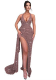 Sparkly Sequin Halter Prom Dresses for Women Mermaid Formal Dress with Slit Backless Ruched Evening Party Gowns