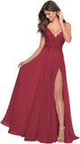 Women's Lace Appliqued Chiffon Prom Dresses Long with Slit Spaghetti Straps V Neck Formal Party Gowns