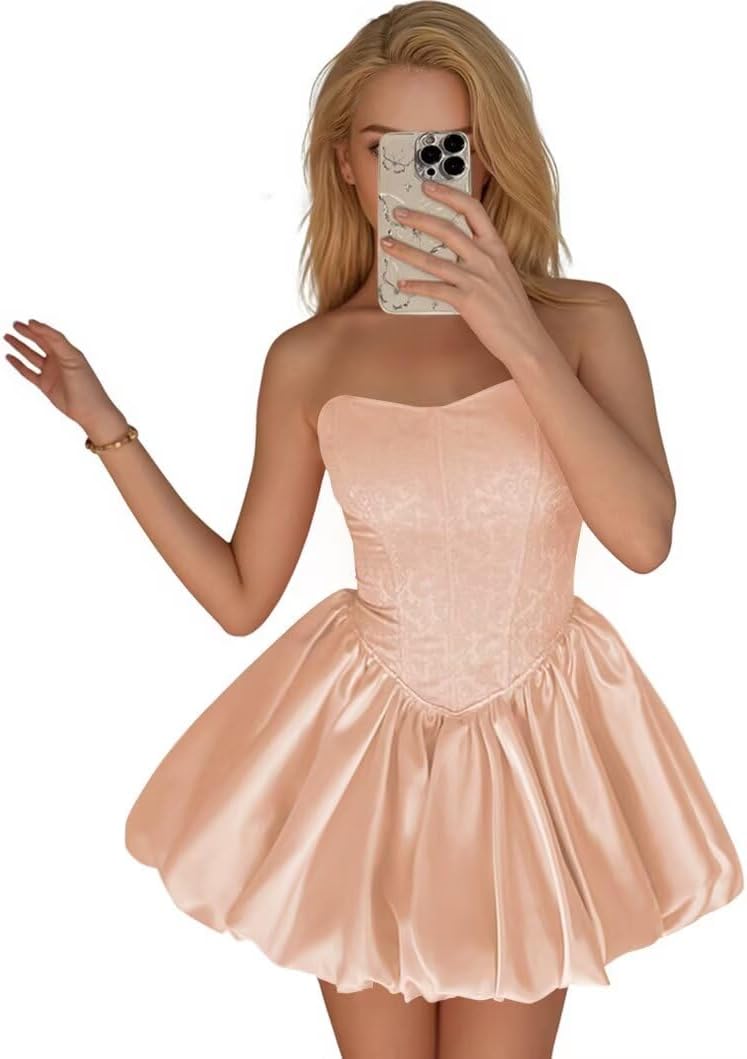 Strapless Satin Homecoming Dresses for Teens Jacquard Short Prom Dress A-line Cocktail Party Gowns with Pockets