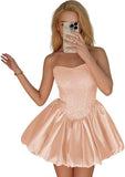 Strapless Satin Homecoming Dresses for Teens Jacquard Short Prom Dress A-line Cocktail Party Gowns with Pockets