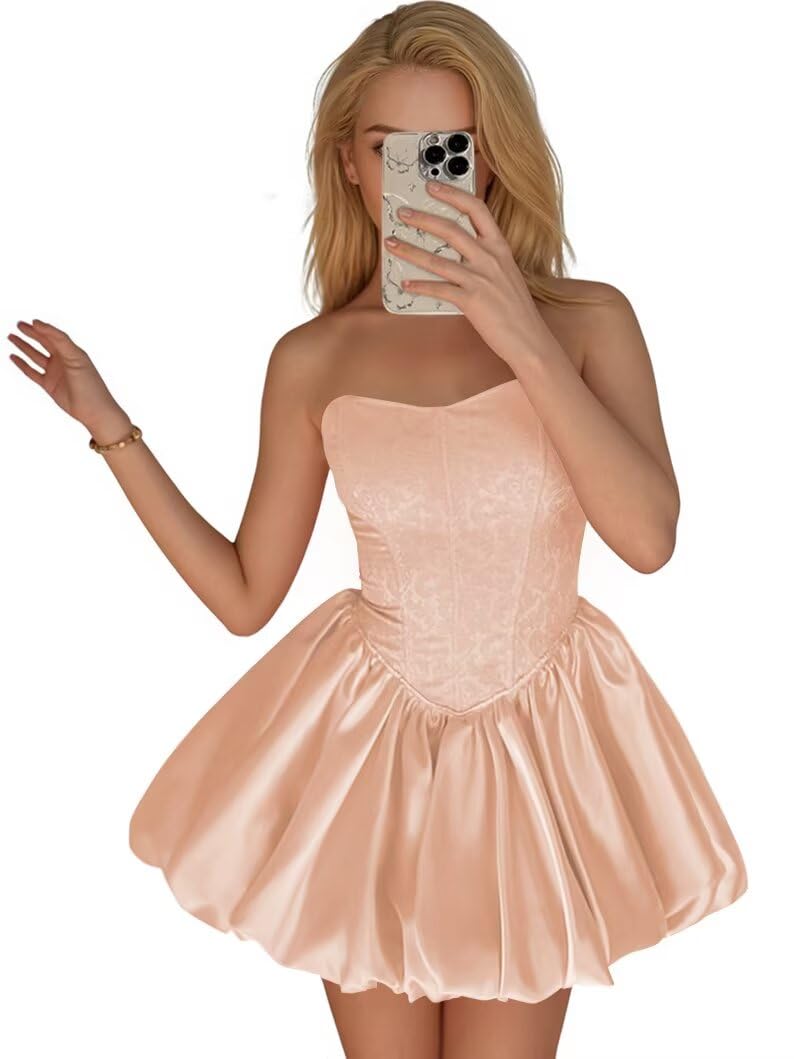 Strapless Satin Homecoming Dresses for Teens Jacquard Short Prom Dress A-line Cocktail Party Gowns with Pockets