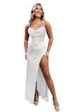 Satin Mermaid Prom Dresses Cowl Neck Spaghetti Straps Beaded Ruched Long Formal Gown with Slit
