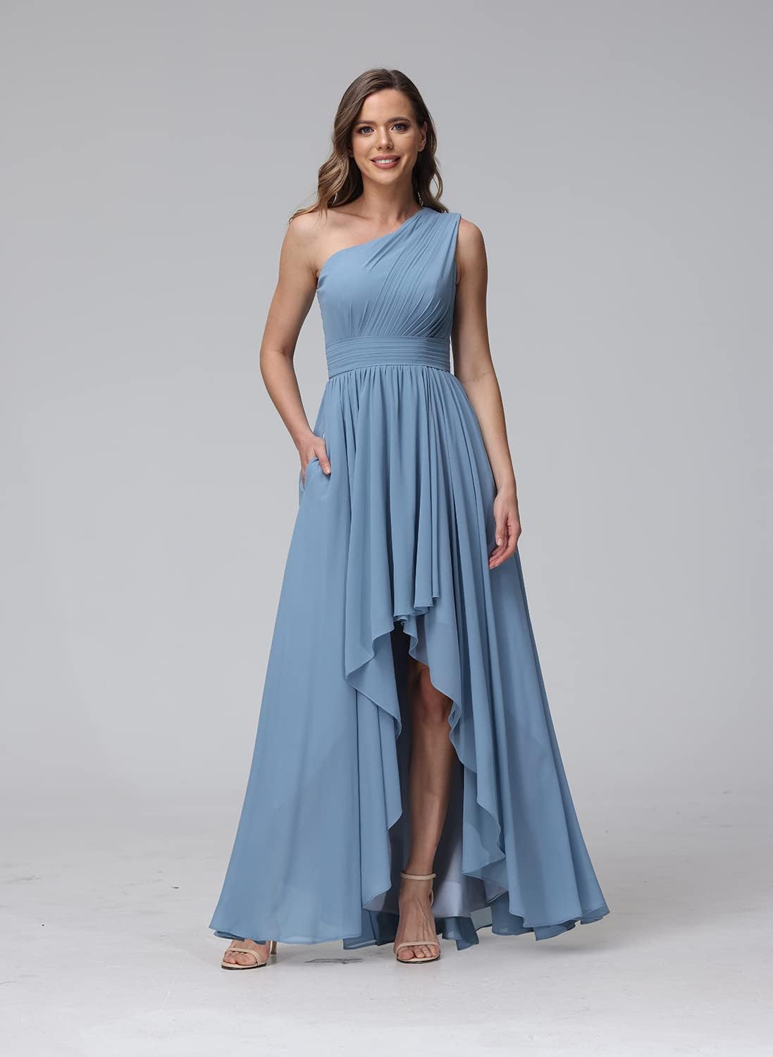 Vestido de dama de honor de un solo hombro para mujer, vestido formal de noche de gasa con bolsillos y corte alto bajo
