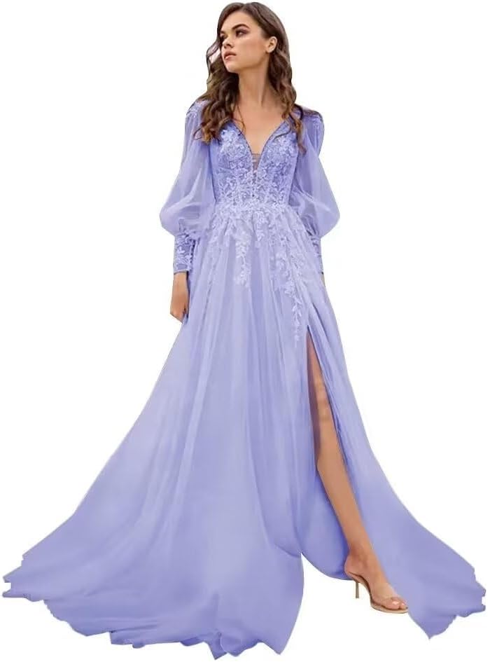 Long Sleeve Tulle Prom Evening Dresses Long Lace Applique A Line Ball Gown 2027