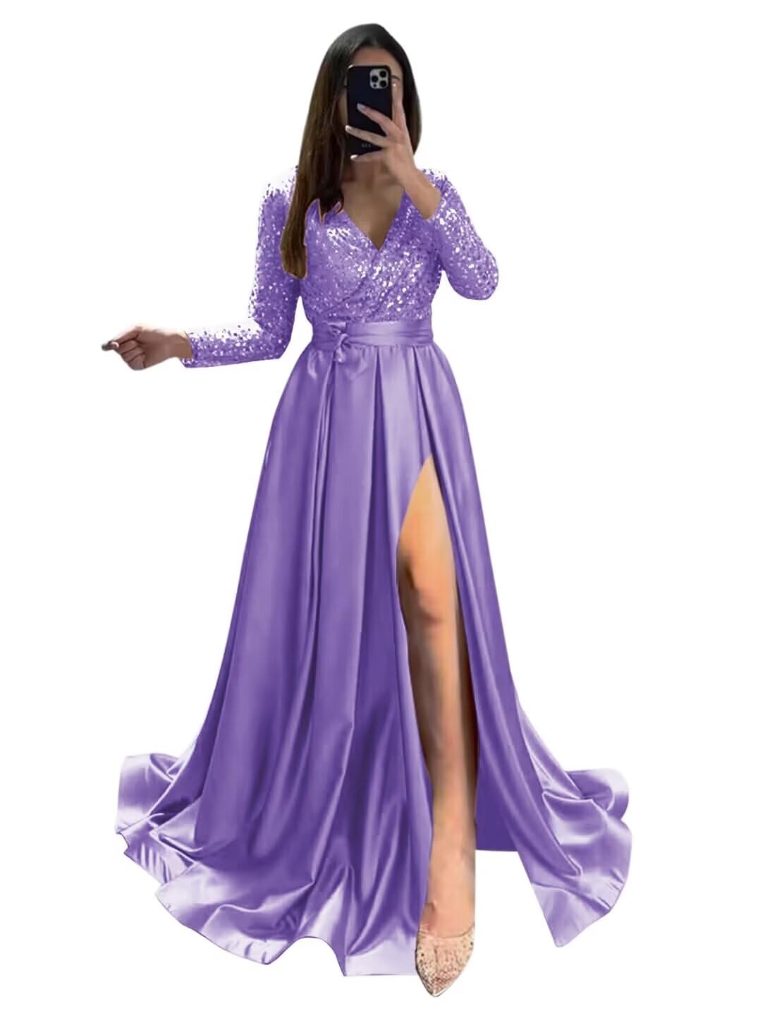 Long Sleeve Sequin Prom Dresses for Women 2027 Satin Formal Dress Sparkly Slit Evening Party Gown with Pocket