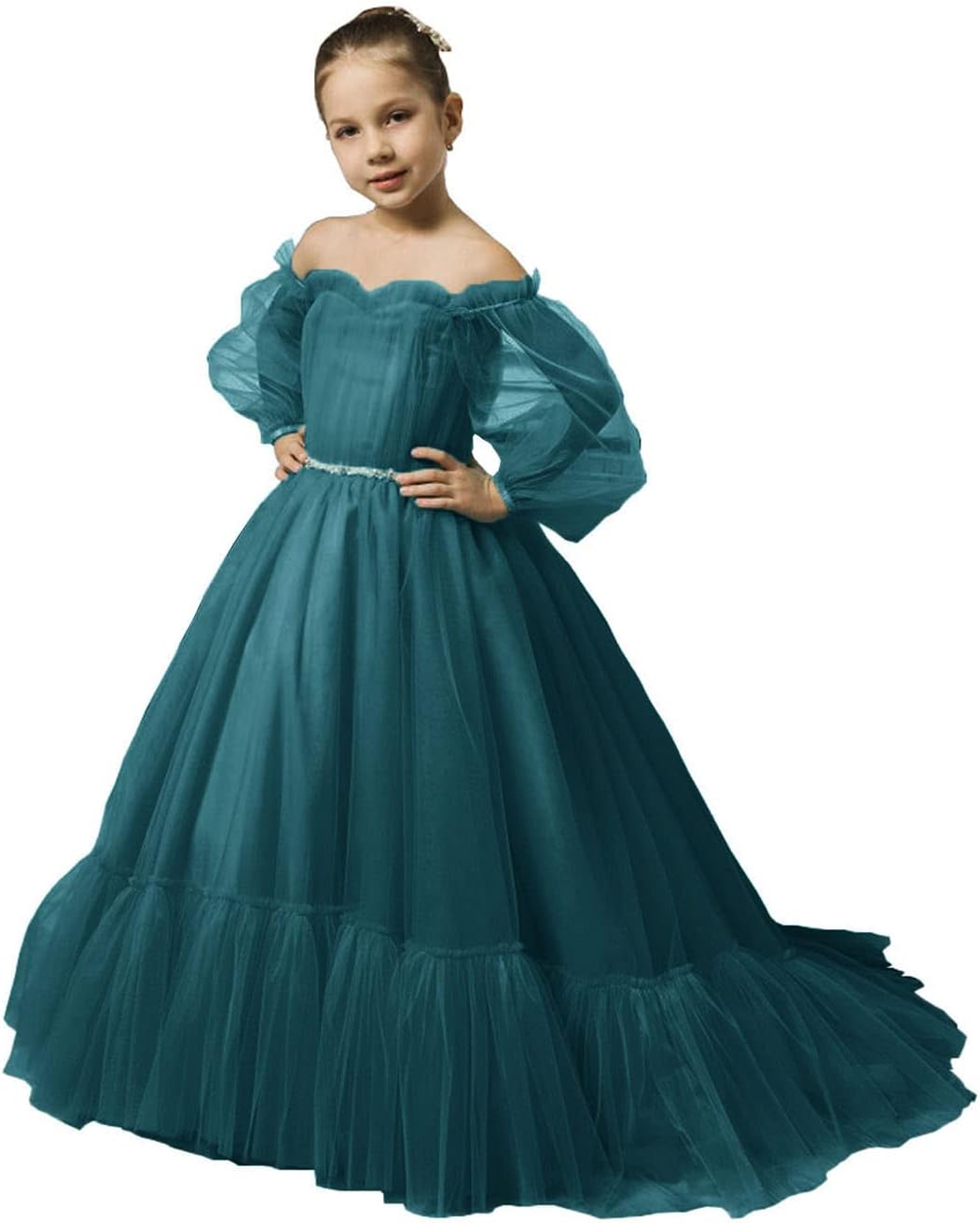 Puffy Sleeves Flower Girl Dress for Wedding Tulle Princess Pageant Dress Kids Prom Ball Gown with Belt
