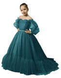 Puffy Sleeves Flower Girl Dress for Wedding Tulle Princess Pageant Dress Kids Prom Ball Gown with Belt
