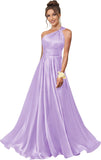 One Shoulder Bridesmaid Dresses for Women Satin Pleated A Line Long Formal Prom Dress with Pockets