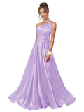 One Shoulder Bridesmaid Dresses for Women Satin Pleated A Line Long Formal Prom Dress with Pockets