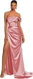 One Shoulder Mermaid Bridesmaid Dresses with Slit 2025 Pleats Satin Formal Evening Gowns for Women