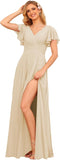 V Neck Bridesmaid Dresses for Women with Slit 2025 Flutter Sleeve Chiffon Pleats Formal Dress with Pockets
