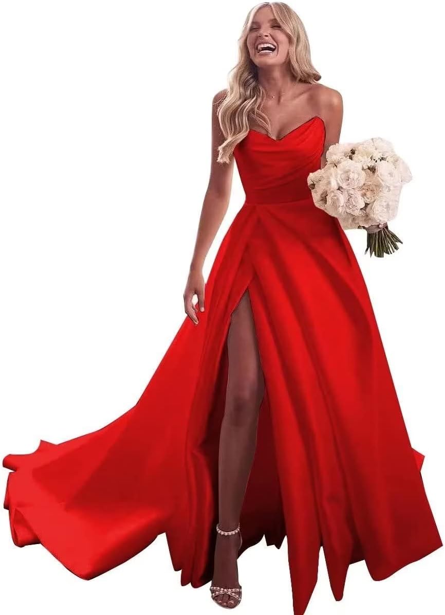 Trägerloses Ballkleid, langes Ballkleid, Satin-Brautkleid für die Braut, A-Linie, formelle Abendkleider mit Schlitz 