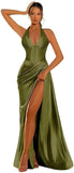 Halter Satin Prom Dresses for Women 2027 Long Mermaid Corset Formal Dress Pleated Evening Party Gowns with Slit