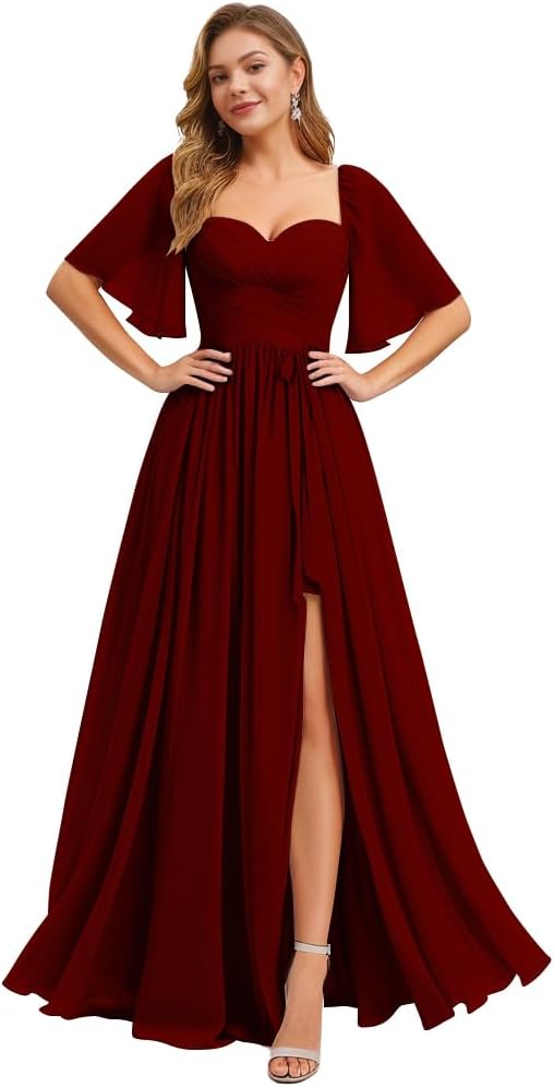 Women's Chiffon Bridesmaid Dresses for Wedding Flutter Sleeves Ruched A Line Long Formal Dress with Slit