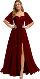 Women's Chiffon Bridesmaid Dresses for Wedding Flutter Sleeves Ruched A Line Long Formal Dress with Slit