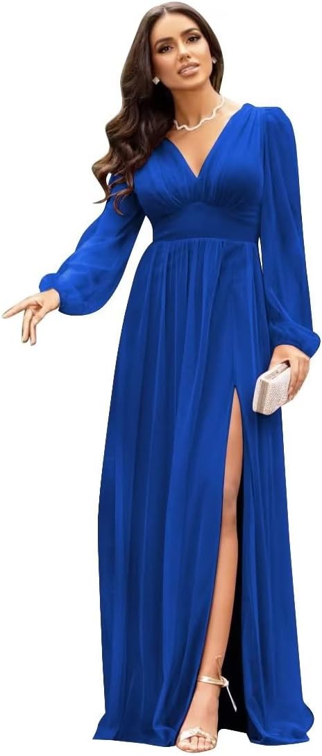 Langärmlige Brautjungfernkleider für Hochzeiten, V-Ausschnitt, formelles Kleid mit Schlitz, Chiffon-Ballkleid