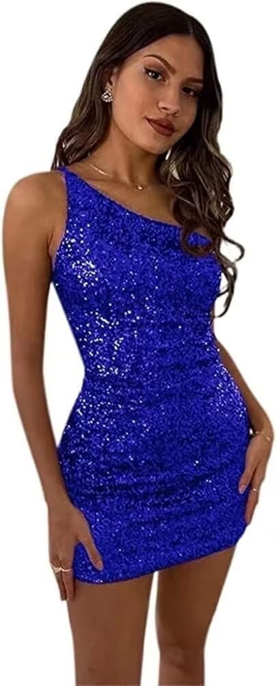 Women's Bodycon Homecoming Dress for Juniors Sequin One Shoulder Backless Mini Cocktail Party Dress