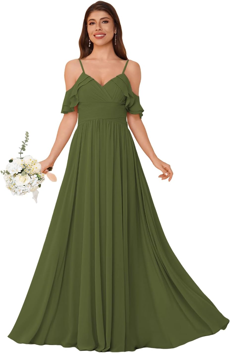 Women's Long Chiffon Bridesmaid Dresses Ruffle V Neck Formal Evening Prom Gown Spaghetti Strap Maxi Wedding Guest Dress