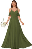 Women's Long Chiffon Bridesmaid Dresses Ruffle V Neck Formal Evening Prom Gown Spaghetti Strap Maxi Wedding Guest Dress