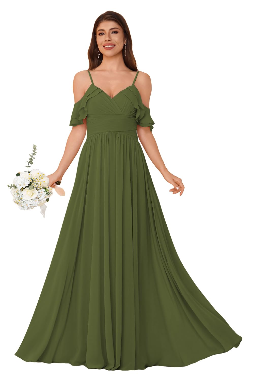 Women's Long Chiffon Bridesmaid Dresses Ruffle V Neck Formal Evening Prom Gown Spaghetti Strap Maxi Wedding Guest Dress