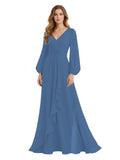Women's Chiffon Bridesmaid Dresses Long Sleeve Ruffles V-Neck Pleated Formal Wedding Guest Dresses Mother of the bride Dress