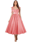 Satin Prom Dresses for Women Spaghetti Straps Corset A-Line Ball Formal Gowns Tea Length with Pockets