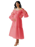 Eightale Tulle Tea Length Maternity Dresses for Photo Shoot Long Sleeve Pregnancy Gown for Baby Shower