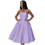 Tea Length Satin Cocktail Party Dresses for Women, Strapless Formal Evening Prom Gown Homecoming Graduation Dresses