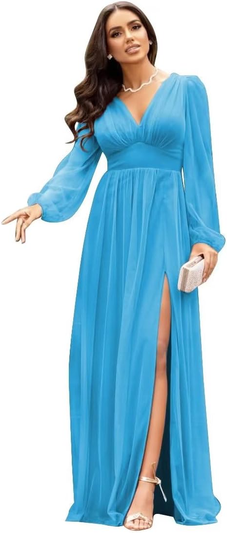 Langärmlige Brautjungfernkleider für Hochzeiten, V-Ausschnitt, formelles Kleid mit Schlitz, Chiffon-Ballkleid