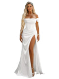 Off Shoulder Mermaid Prom Dresses with Slit 2027 Long Satin Pleated Formal Dress for Women Evening Party