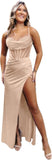 Satin Mermaid Prom Dresses Cowl Neck Spaghetti Straps Beaded Ruched Long Formal Gown with Slit