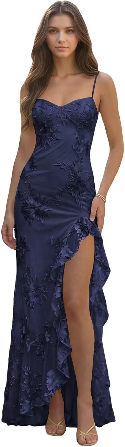 Spaghetti Straps Floral Embroidery Mermaid Prom Dress 2026 Long Corset Formal Evening Gowns with Ruffle Slit