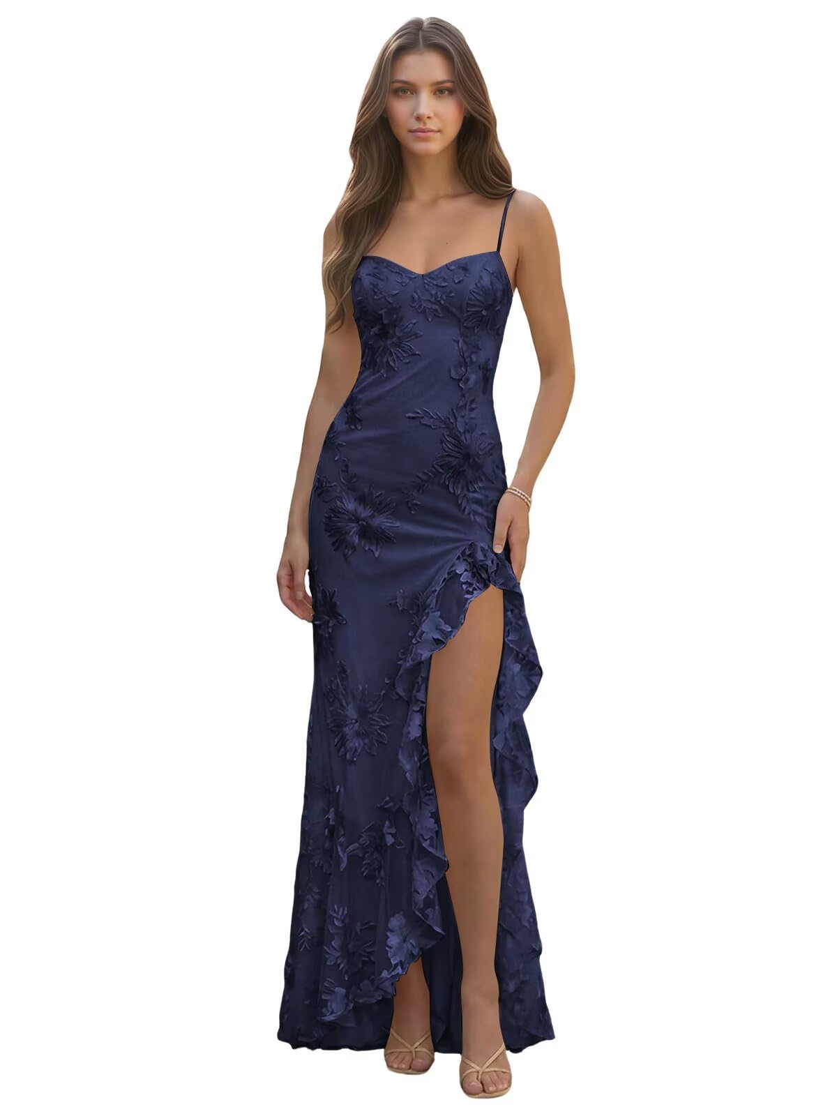 Spaghetti Straps Floral Embroidery Mermaid Prom Dress 2026 Long Corset Formal Evening Gowns with Ruffle Slit